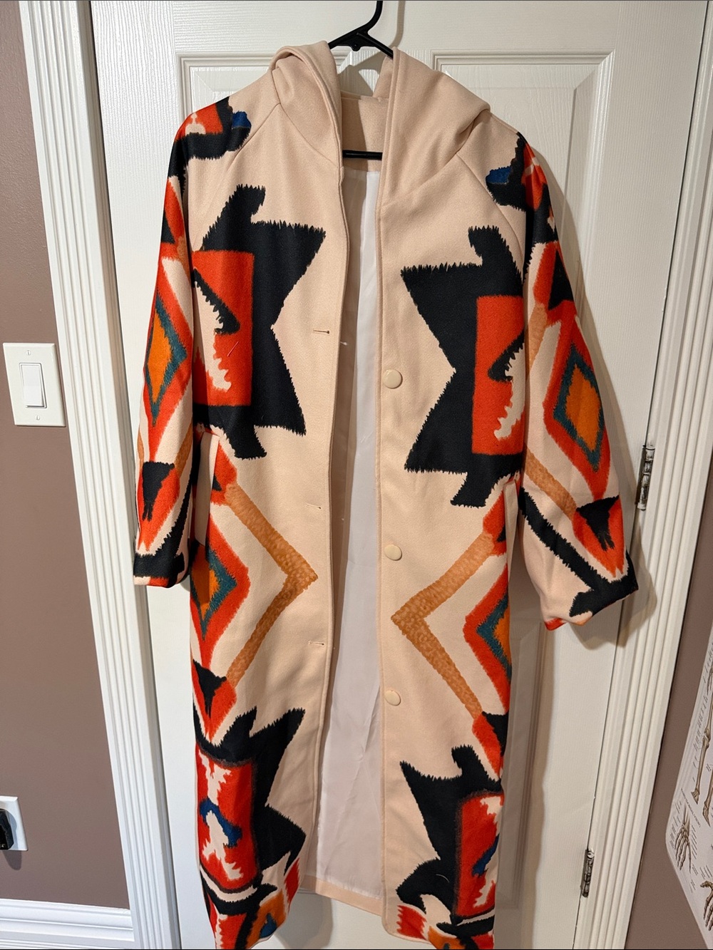 SHEIN Beige Hooded Coat with Black & Orange Southwestern Motif